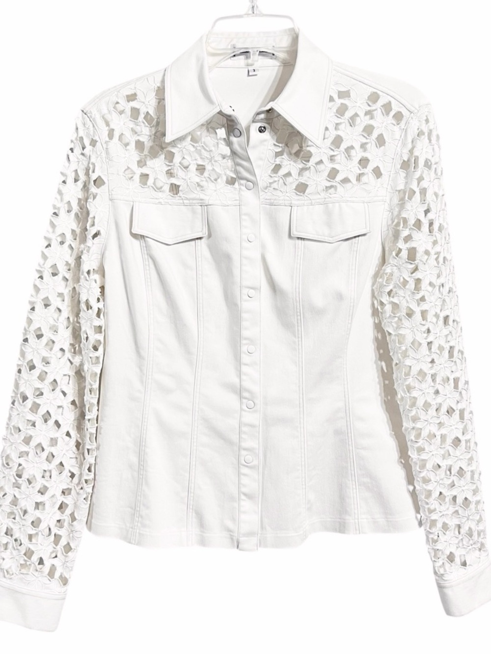 Anne Fontaine Vtg Y2K Floral Cut Out Trucker Jacket 8 White Snap Front French
